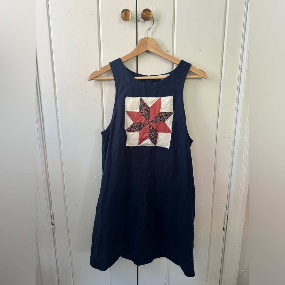 Blue Linen Madewell Mini Shift Dress with Handmade Patchwork Star